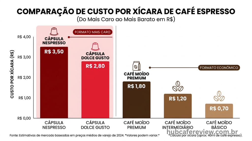 Infográfico de barras comparando o custo por xícara de 
espresso entre diferentes formatos: cápsulas Nespresso e 
Dolce Gusto versus café em pó básico, intermediário e premium.