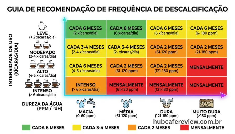 Infográfico de grade colorida mostrando a frequência 
recomendada de descalcificação conforme a dureza da água 
(eixo horizontal) e a intensidade de uso da cafeteira 
(eixo vertical), com código de cores de verde a vermelho.