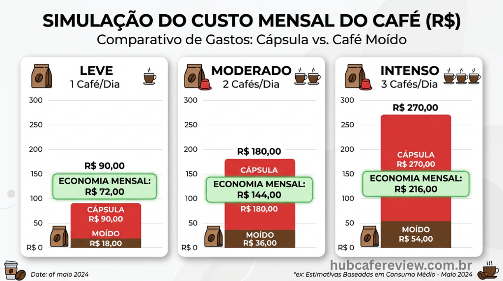 Infográfico financeiro comparando o custo mensal de café 
em cápsulas versus pó para três perfis de consumo: leve, 
moderado e intenso, com destaque para a economia gerada 
em cada cenário.