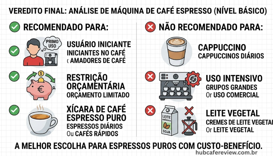 Infográfico de veredicto final da Mondial C-08 com ícones 
indicando perfis de uso recomendados e não recomendados, 
em design limpo com marcações verdes e vermelhas.