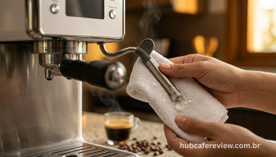 Mãos limpando o bocal pannarello do vaporizador com pano 
de microfibra úmido imediatamente após o uso, com resíduos 
de leite visíveis no pano durante o processo de limpeza.