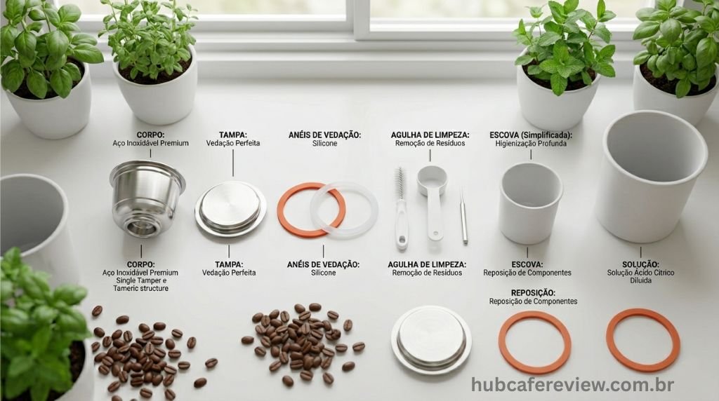 Flat lay de manutenção de cápsula reutilizável de aço 
inoxidável com todos os componentes desmontados: corpo, 
tampa, anel de silicone, escova de limpeza, solução 
de ácido cítrico, pano e anéis de reposição.