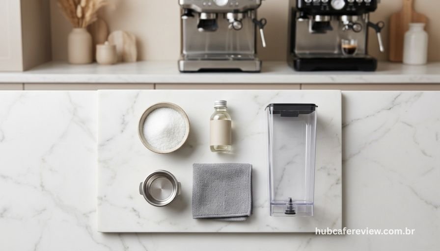Flat lay com itens de manutenção de cafeteira espresso dispostos 
sobre mármore branco: solução descalcificante, ácido cítrico, 
filtro do porta-filtro e pano de microfibra, com reservatório 
de água ao fundo.