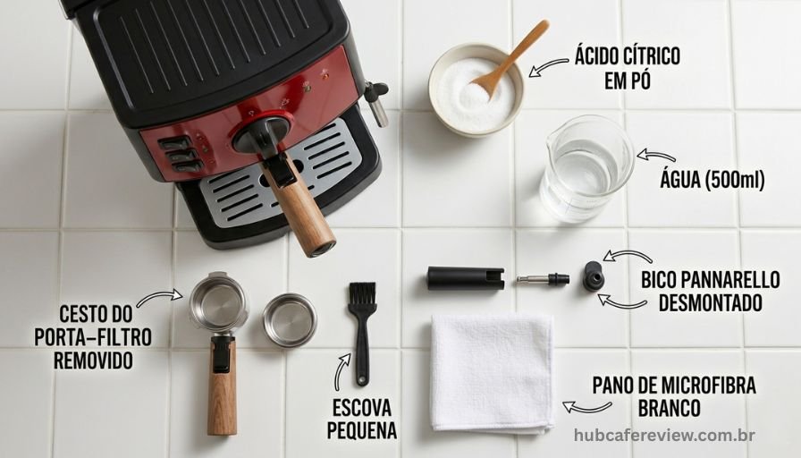 Flat lay com itens de manutenção básica da Mondial C-08: 
ácido cítrico em pó, bocal pannarello desmontado, cesto 
do porta-filtro e escova de limpeza sobre superfície branca.