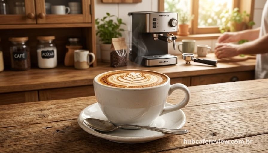 Cappuccino perfeito com espuma de leite 
cremosa preparado em casa com cafeteira 
espresso compacta