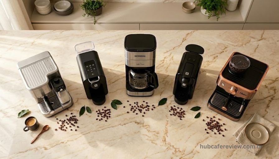 Cinco modelos de cafeteiras lado a lado sobre bancada de mármore com grãos de café, representando as melhores cafeteiras de 2026
