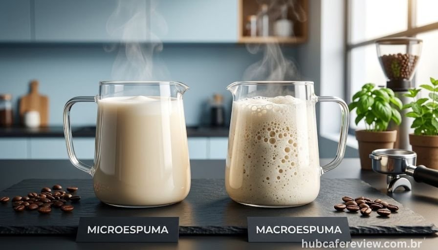 Comparativo entre microespuma (esquerda) com textura 
sedosa e brilhante sem bolhas visíveis e macroespuma 
(direita) com bolhas grandes e textura aerada, ambas 
em jarras de vidro sobre ardósia escura.