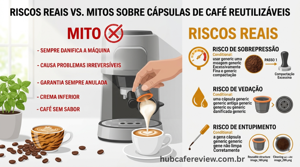 Infográfico dividido em dois blocos comparando mitos 
sobre cápsulas reutilizáveis (coluna esquerda com 
símbolo de busted) e riscos reais condicionais 
(coluna direita com ícones de pressão, vedação e entupimento).