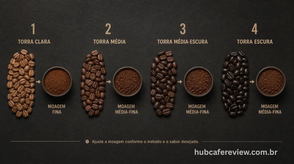 Flat lay educacional mostrando a relação entre quatro 
níveis de torra de café (clara, média, média-escura e 
escura) e suas granulometrias ideais correspondentes, 
com setas conectando grãos inteiros às amostras de moagem.