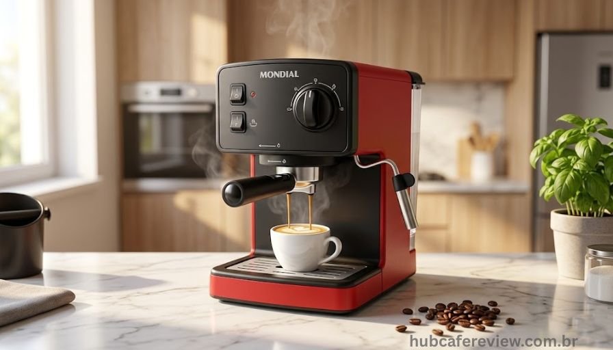 Cafeteira Mondial C-08 com design compacto em vermelho 
e preto sobre bancada de mármore branco com xícara 
de espresso à frente, em iluminação matinal suave 
que destaca o acabamento e os controles mecânicos.