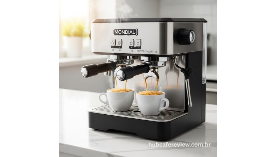 Cafeteira espresso Mondial Coffee Cream C-08 preparando duas xícaras simultâneas com crema — melhor custo-benefício de 2026