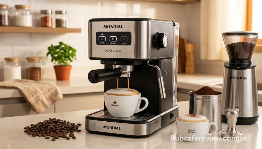 	
Cafeteira Mondial Dolce Arome com cápsula de cappuccino sendo preparada