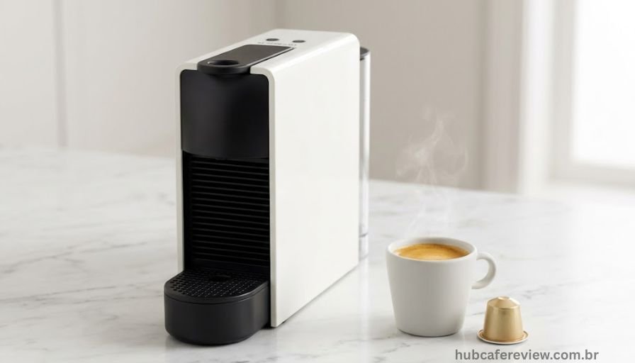 Cafeteira Nespresso Essenza Mini preta sobre bancada branca com xícara de espresso e crema dourada
