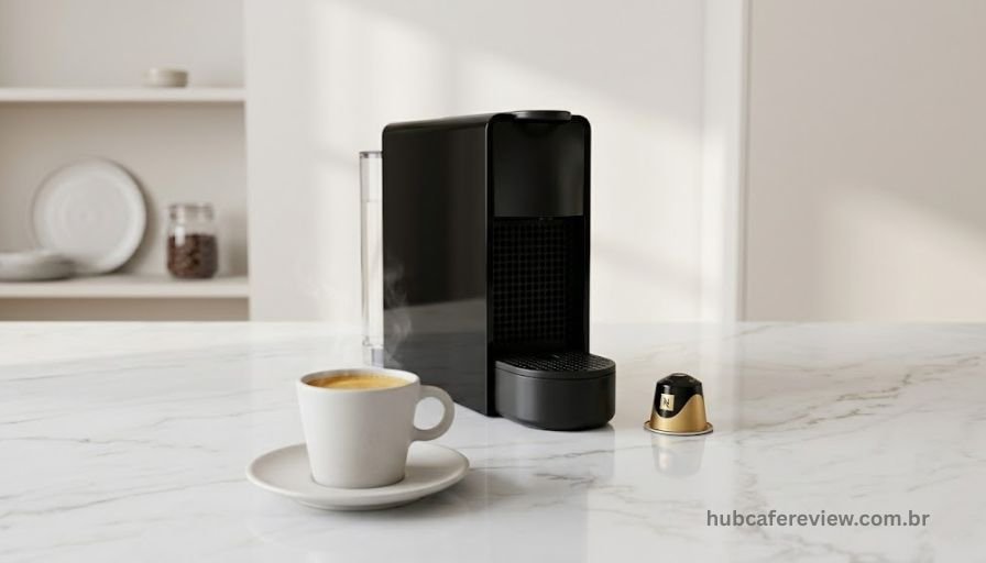 Nespresso Essenza Mini preta com xícara de espresso e crema dourada — melhor cafeteira de cápsula de 2026