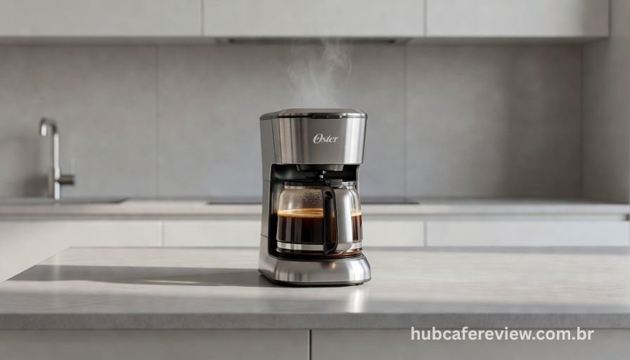 Cafeteira Oster Inox OCAF300 compacta sobre bancada de cozinha moderna