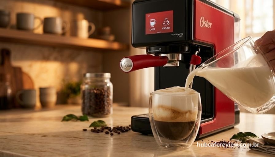 Cafeteira Oster PrimaLatte Touch vermelha preparando café latte com reservatório de leite acoplado