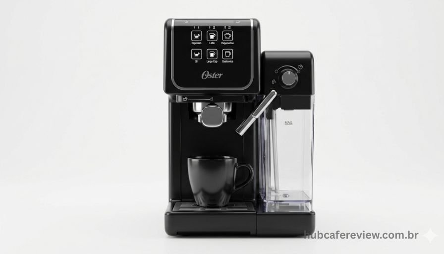 Oster PrimaLatte Touch cafeteira espresso 
preta com reservatório de leite integrado 
e painel touch screen