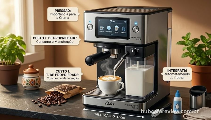 Cafeteira Oster PrimaLatte Touch com painel touch 
screen iluminado e sistema automático de leite 
com jarra removível, sobre bancada escura com 
cappuccino de espuma perfeita à frente em 
iluminação dramática de estúdio.