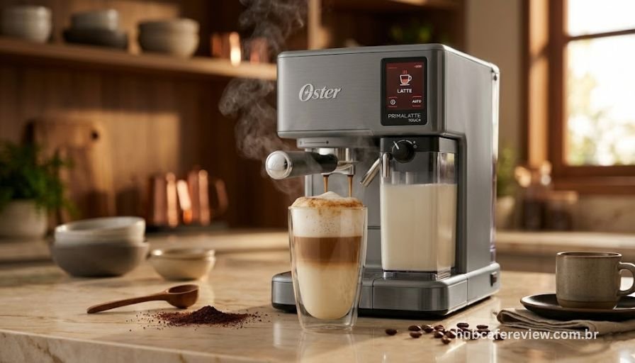 Cafeteira Oster PrimaLatte Touch vermelha preparando latte com reservatório de leite integrado — melhor espresso manual de 2026