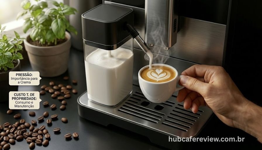 Sistema automático de leite da Oster PrimaLatte Touch despejando espuma cremosa na xícara