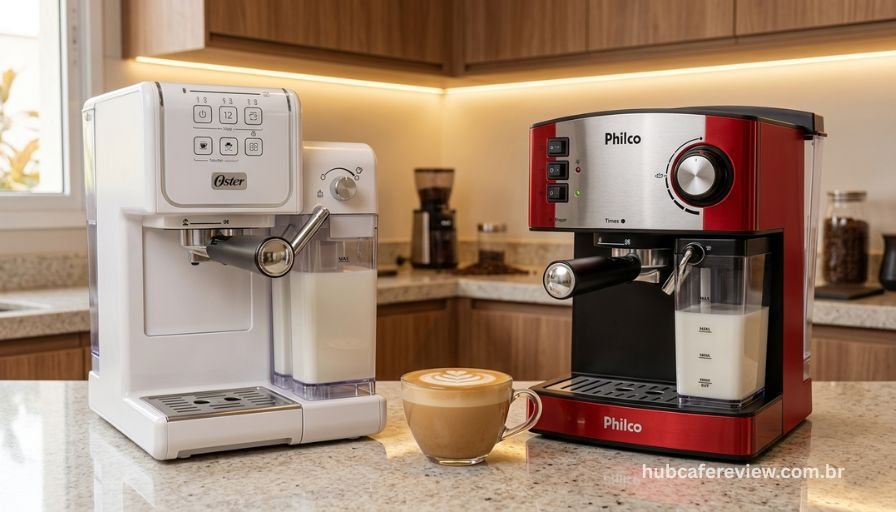 Comparativo entre Oster PrimaLatte Touch e Philco 20 Bar 
cafeteiras espresso com espuma de leite