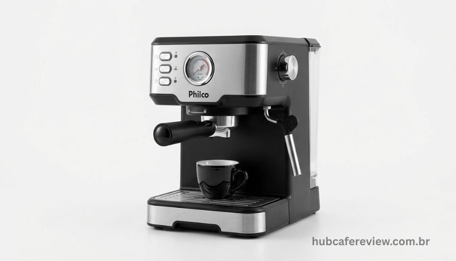 Philco 20 Bar cafeteira espresso compacta 
preta com bico vaporizador manual em fundo branco