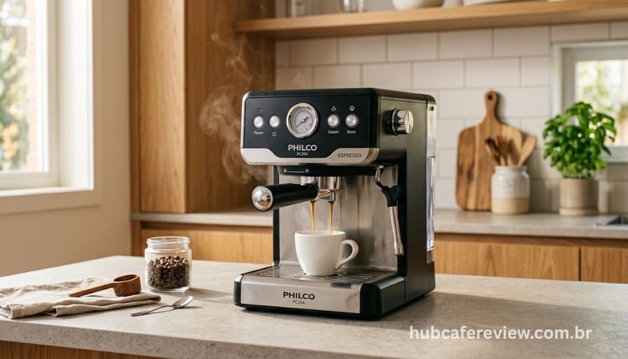	
Cafeteira espresso Philco PC20A compacta sobre bancada com xícara de espresso pronto