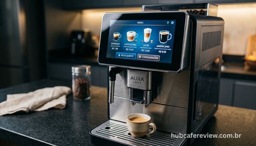 Display touchscreen colorido da Philips Walita LatteGo EP5547 exibindo menu de bebidas programáveis incluindo espresso, cappuccino e latte