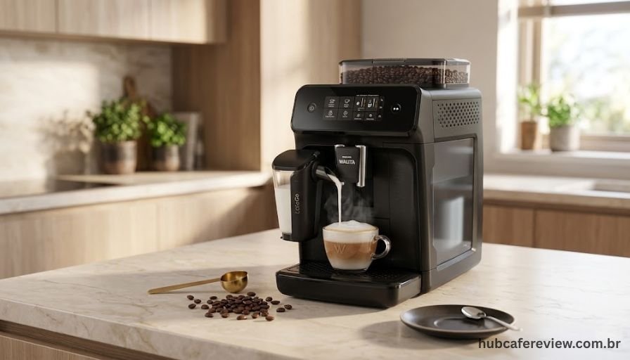 Cafeteira superautomática Philips Walita Série 2200 com moedor integrado e sistema LatteGo preparando cappuccino — melhor superautomática de 2026