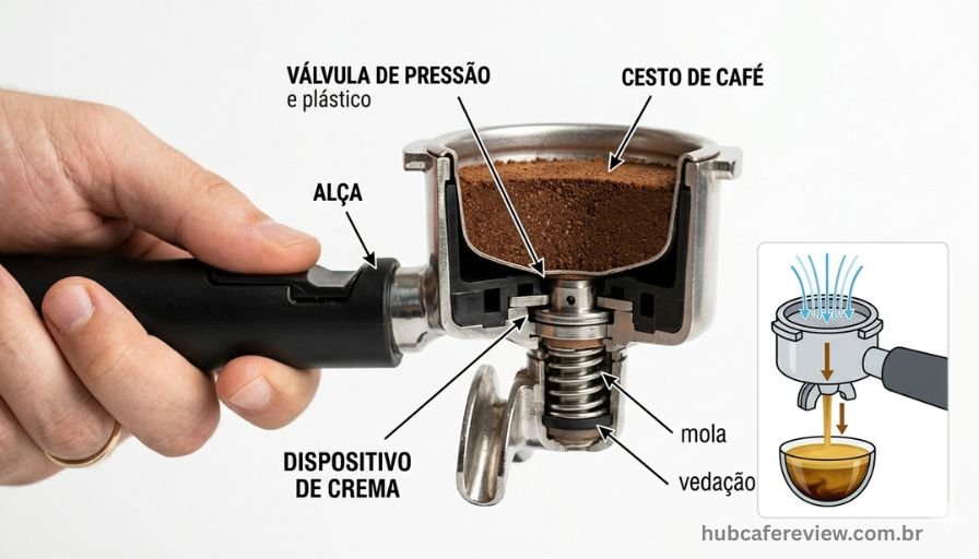 Vista técnica em corte do porta-filtro pressurizado (Crema 
Device) da Mondial C-08, mostrando a válvula de pressão interna, 
o cesto de café e os componentes de encaixe.