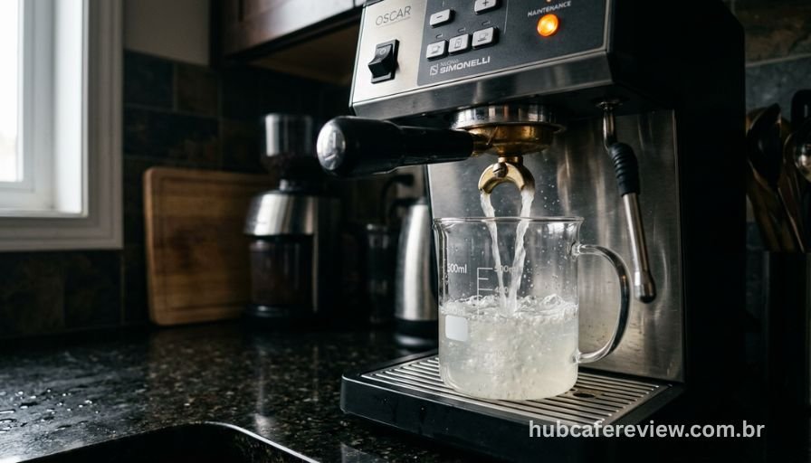 Solução descalcificante levemente turva fluindo pelo grupo 
de extração da cafeteira espresso para recipiente coletor 
transparente, com luz indicadora de manutenção acesa 
no painel da máquina.