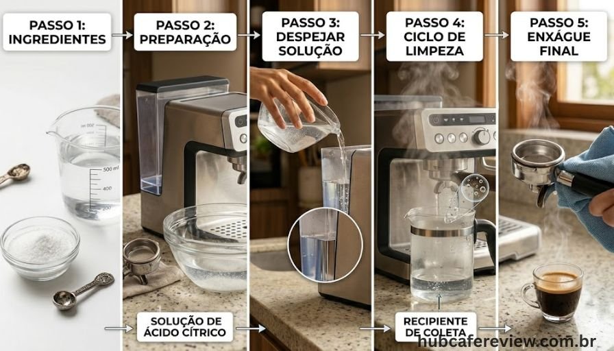 Flat lay do processo de descalcificação de cafeteira espresso 
com ácido cítrico em pó, copo medidor com água, porta-filtro 
removido e recipiente coletor posicionado, sobre mármore branco.