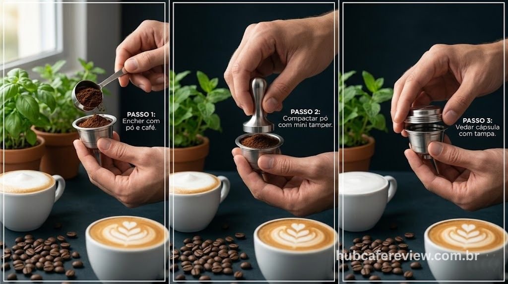 Sequência de três etapas do preenchimento correto de 
cápsula reutilizável: dosagem do café com colher 
medidora, nivelamento e compactação leve com mini tamper 
e fechamento com tampa para vedação perfeita.