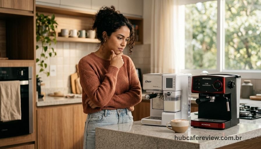 Pessoa analisando duas cafeteiras espresso 
em bancada de cozinha para decidir qual comprar