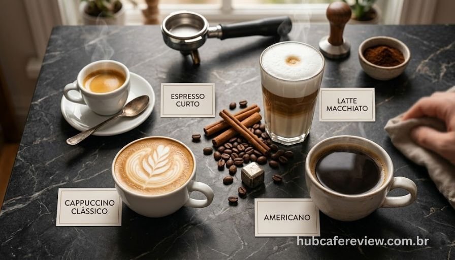 Flat lay com quatro bebidas clássicas à base de espresso: 
espresso clássico, cappuccino, latte macchiato e americano, 
dispostos sobre mármore escuro com identificação elegante 
e decoração de grãos de café.