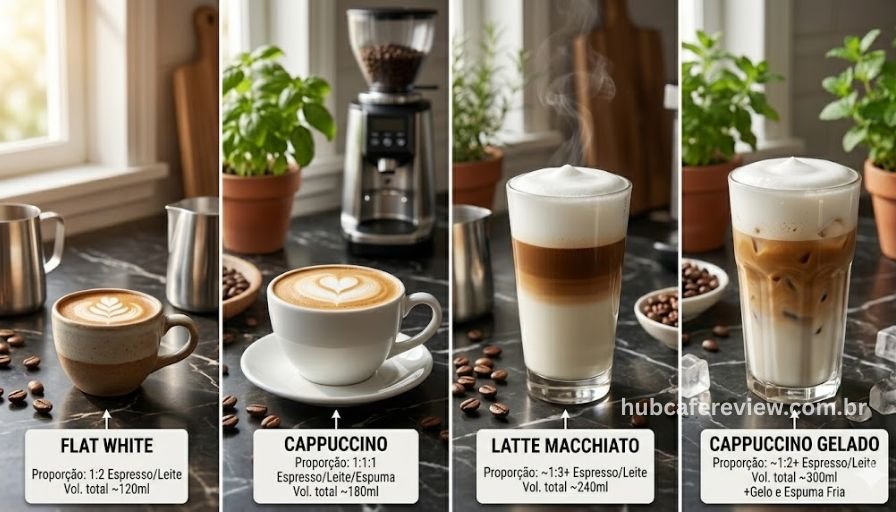 Quatro bebidas lácteas à base de espresso em composição 
sobre mármore escuro: flat white, cappuccino, latte 
macchiato e cappuccino gelado, com cartões de proporções 
ao lado de cada bebida em iluminação matinal.