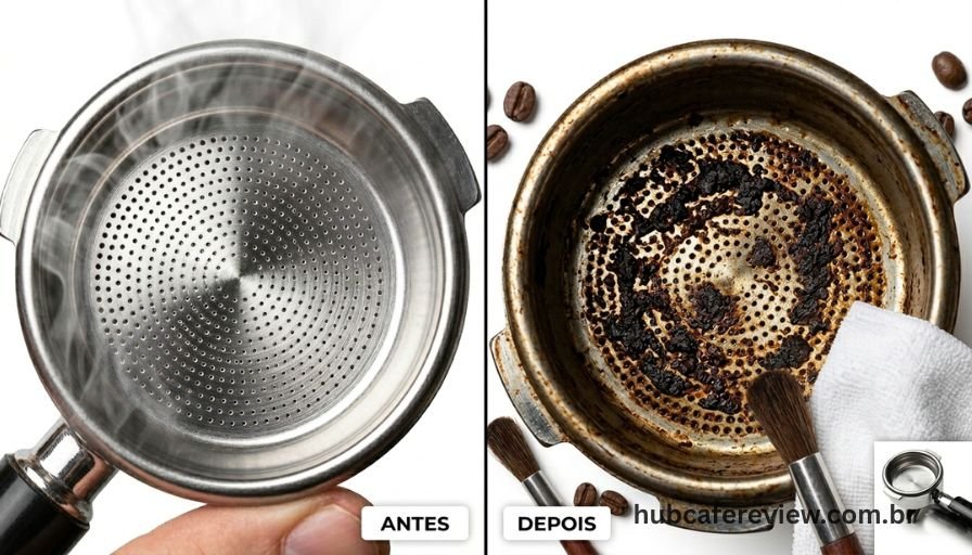 Comparativo macro entre porta-filtro limpo com furos desobstruídos 
e porta-filtro sujo com acúmulo de óleos de café e resíduos 
bloqueando os orifícios do filtro.