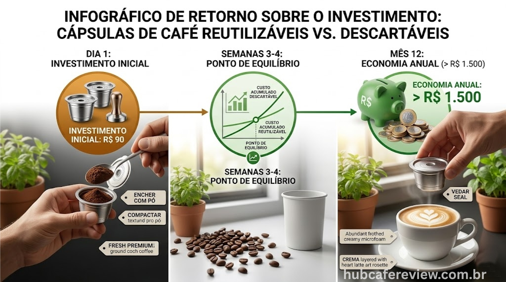 Infográfico de retorno sobre investimento de cápsula 
reutilizável mostrando investimento inicial de R$ 90, 
ponto de equilíbrio em menos de 1 mês e economia 
acumulada de R$ 1.500 no primeiro ano.
