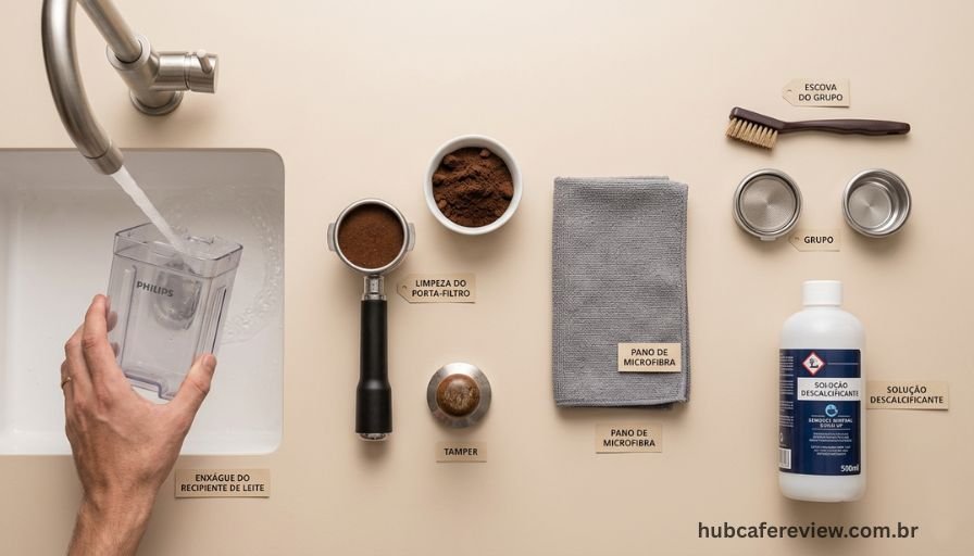 Flat lay com itens da rotina de manutenção diária da Oster 
PrimaLatte Touch: recipiente de leite removível, porta-filtro, 
pano de microfibra, escova de limpeza e solução descalcificante.