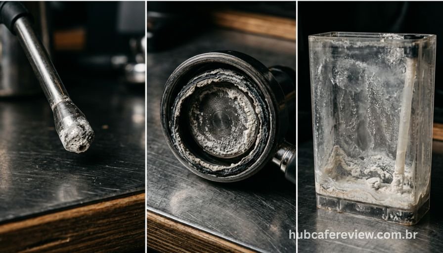 Tríptico fotográfico mostrando depósitos visíveis de calcário 
em três componentes de cafeteira espresso: bocal do vaporizador 
obstruído, grupo de extração com acúmulo nas bordas e 
reservatório com película esbranquiçada nas paredes.