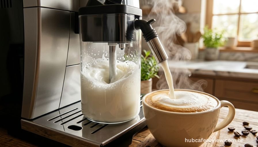 Sistema automático de frothing de leite da Oster PrimaLatte 
Touch em operação, com microespuma densa sendo formada e 
xícara de cappuccino sendo preenchida automaticamente.