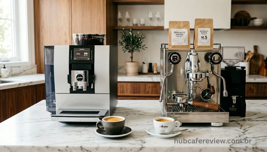 Cafeteira superautomática moderna e cafeteira semiautomática com porta-filtro posicionadas lado a lado sobre uma bancada de mármore com xícaras de espresso à frente.