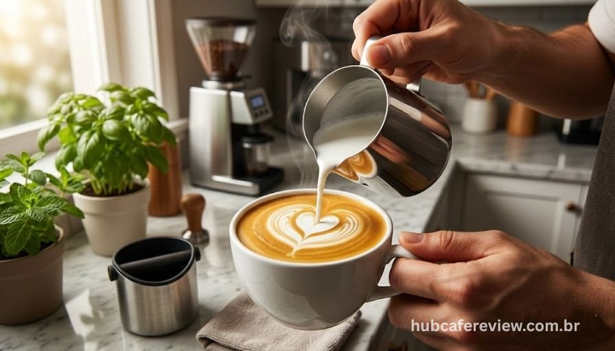 Mãos segurando jarra de aço em ângulo preciso sobre 
xícara branca, com padrão de coração em latte art 
se formando na superfície do cappuccino, microespuma 
fluindo em corrente controlada sobre a crema dourada.