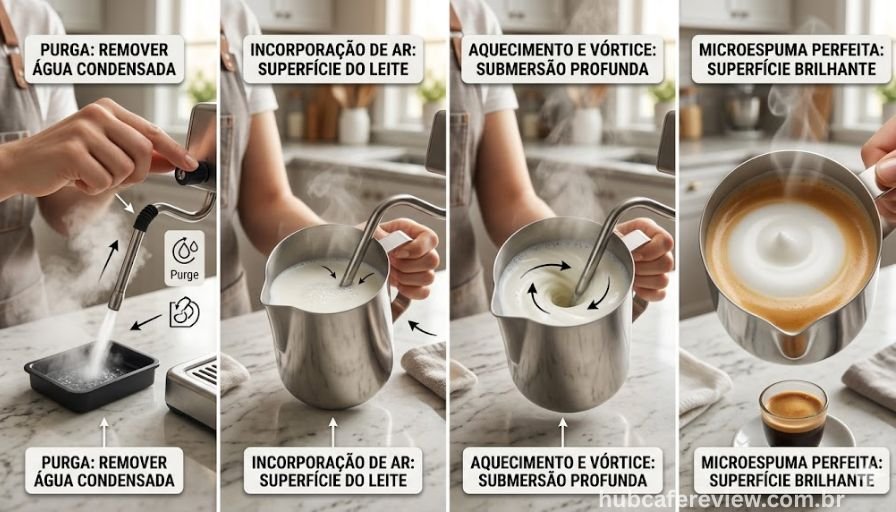 Sequência de quatro etapas da técnica correta de 
vaporização do leite: purga do vaporizador, posicionamento 
do bocal na superfície para incorporar ar, imersão 
para aquecimento e resultado final com microespuma perfeita.