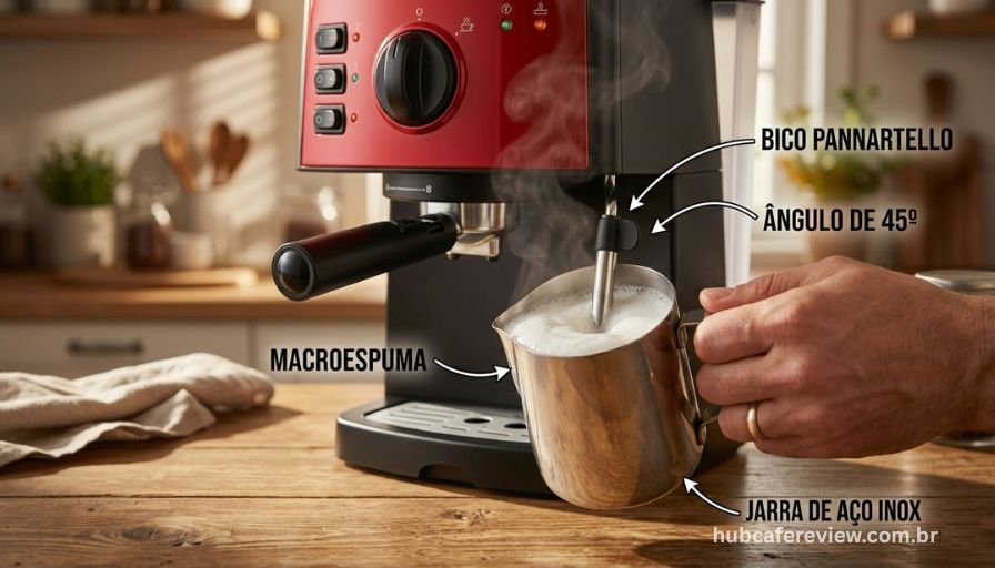 Demonstração da técnica de vaporização manual com vaporizador 
pannarello da Mondial C-08, com mão segurando pitcher de aço 
em ângulo correto e espuma de leite sendo formada.