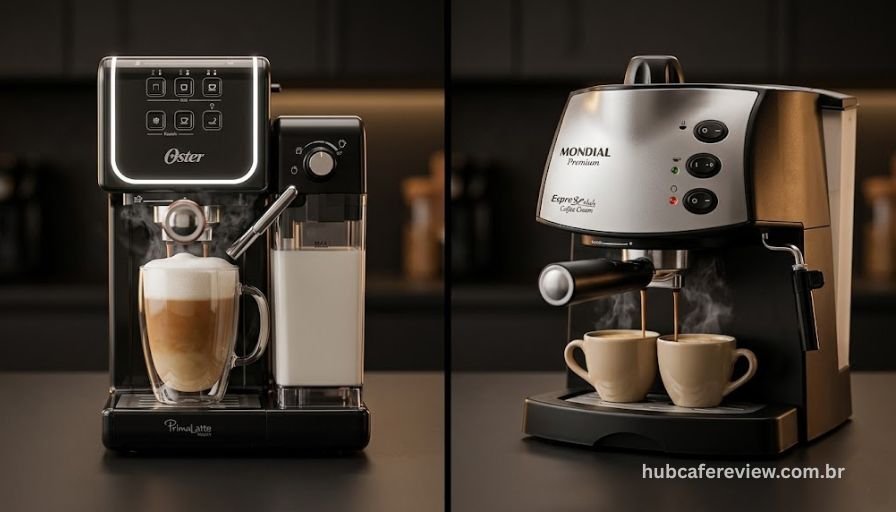 Comparativo entre a cafeteira Oster PrimaLatte Touch e a Mondial C-08 
posicionadas lado a lado sobre superfície escura, com xícaras de 
espresso à frente de cada modelo.