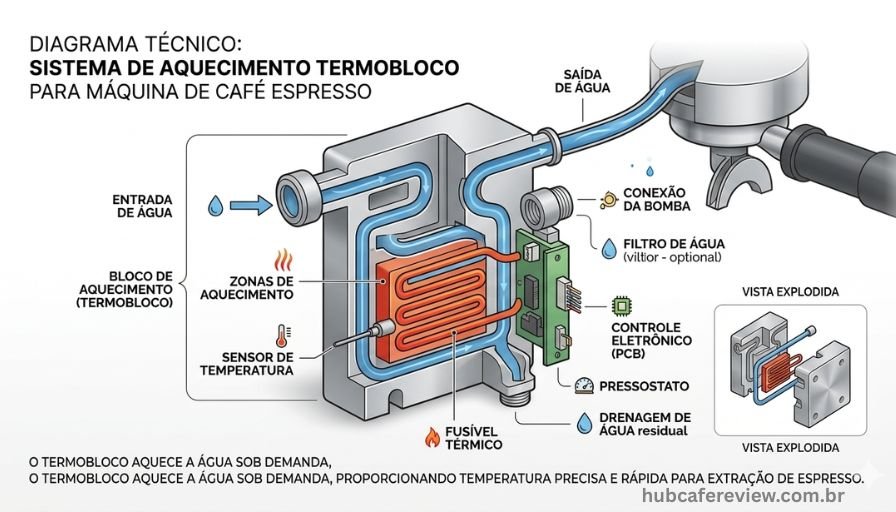 Ilustração técnica em corte transversal do sistema de aquecimento 
termoblock de uma cafeteira espresso, mostrando o fluxo de água, 
os elementos de aquecimento e os componentes internos identificados 
por etiquetas.