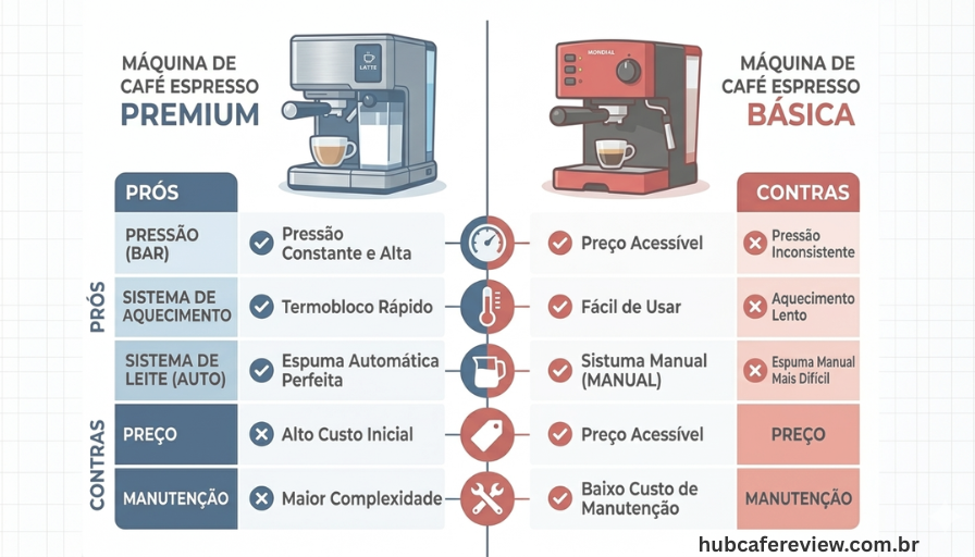 Infográfico comparativo de prós e contras entre duas cafeteiras 
espresso domésticas, com layout dividido em dois blocos coloridos 
e ícones representando cada critério técnico avaliado.