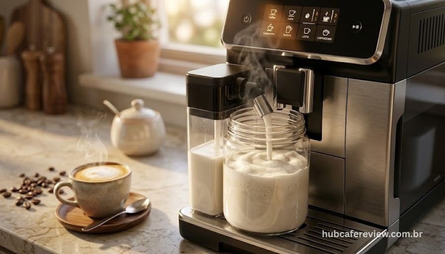 Sistema automático de frothing de leite em operação, com recipiente 
removível acoplado à cafeteira e microespuma densa sendo formada, 
com vapor visível e xícara de cappuccino ao lado.