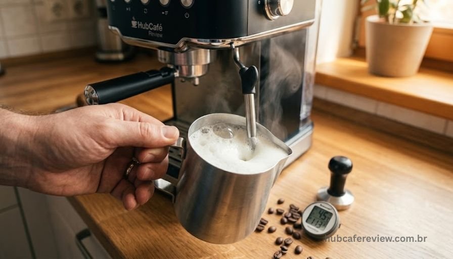 Mão segurando um pequeno pitcher de aço inoxidável sob o vaporizador 
manual tipo pannarello de uma cafeteira espresso, com espuma de 
leite sendo formada e vapor visível durante a operação.